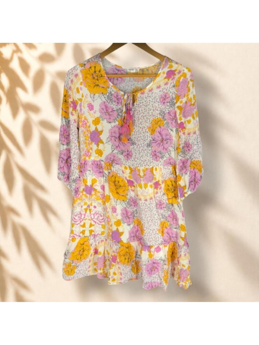 Tribal Jeans Mini Dress Women XS White Floral Short Tasseled 3/4 Sleeve Lined
